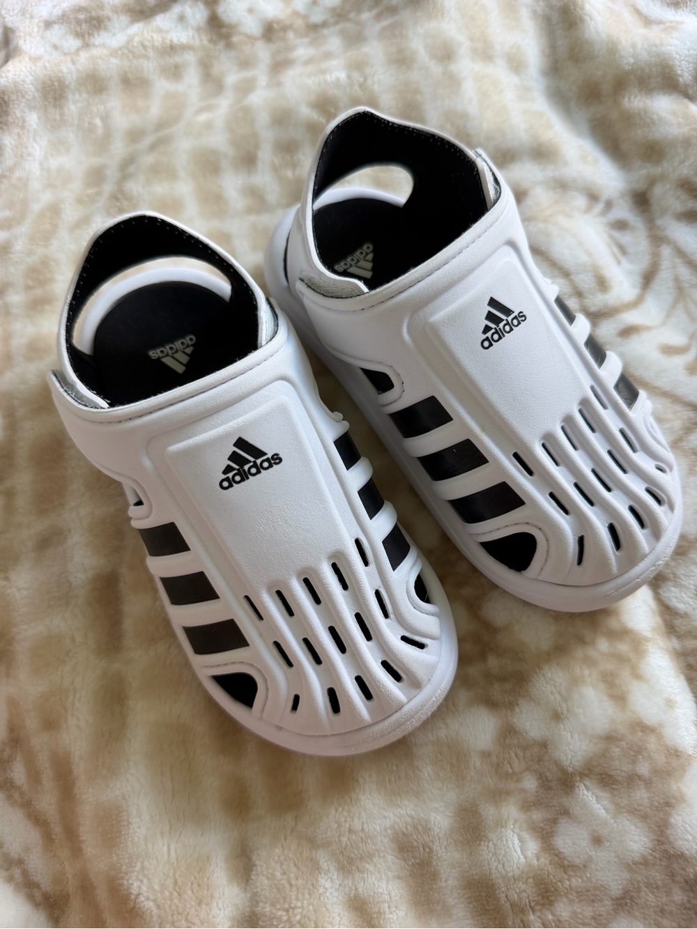 adidas White and Black Kids' Slip-On Ventilated Sandals